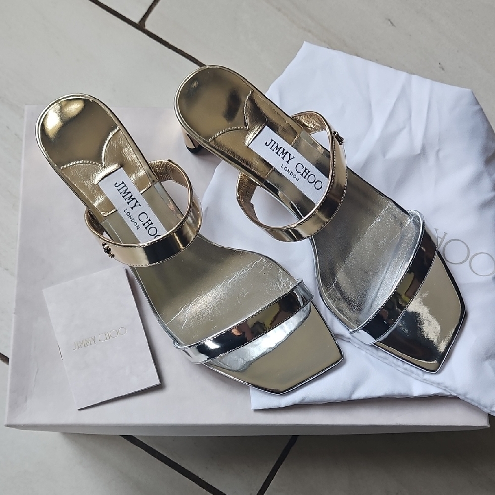 NWT $725 Jimmy Choo Kyda Metallic Gold Silver Logo Heels [Size 36.5]